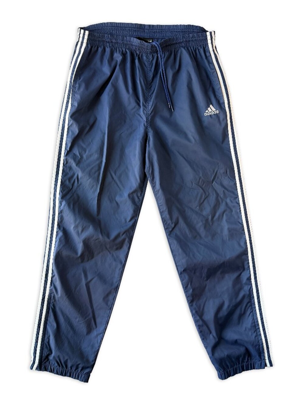 Adidas Navy Blue Nylon Track Pants - Size L - Vintage 90s